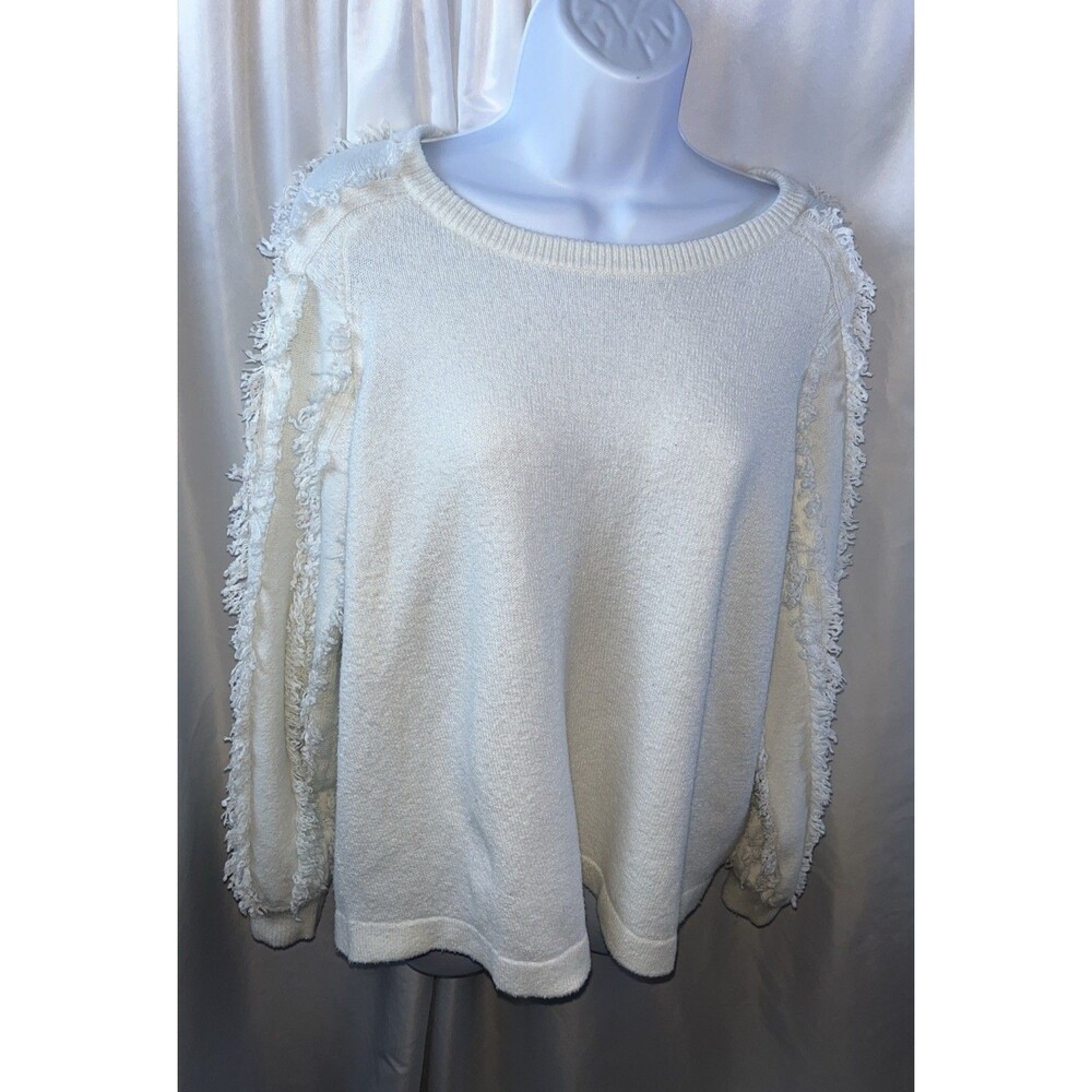 1.State Women’s White Crew Neck Fringe Sleeve Pullover Sweater Size L  Cowgirl